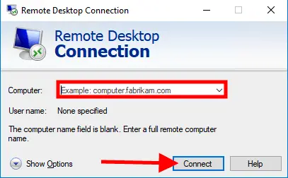 Enter hostname or IP and click Connect in the Remote Desktop Connection dialog