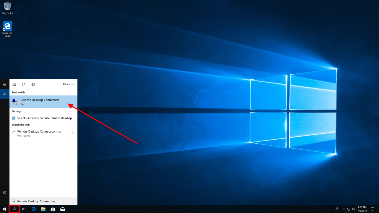 Search for Remote Desktop Connection in Windows 10 search bar