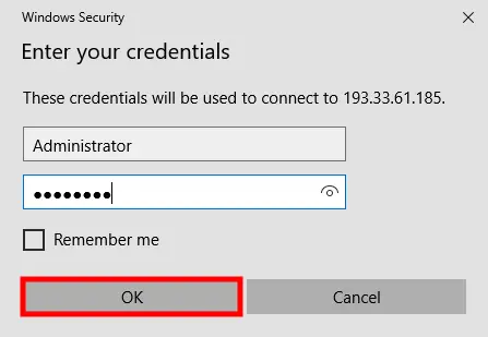 Enter Administrator username and password in Windows Security dialog