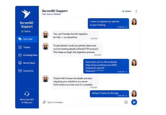 Live chat support conversation